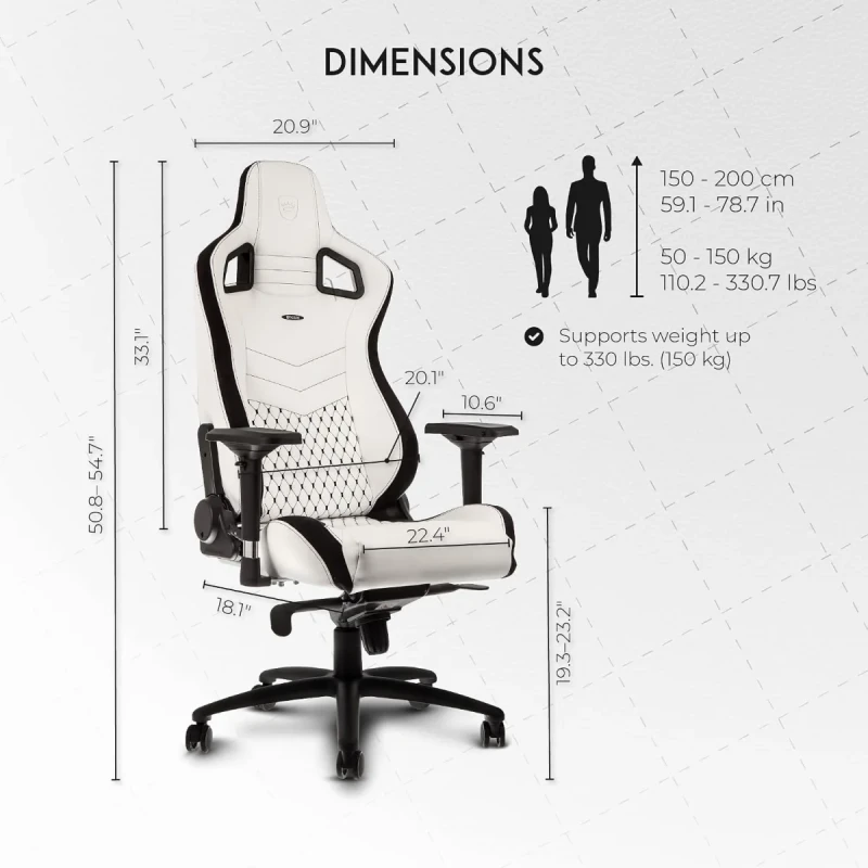 noblechairs EPIC Gaming Chair - White/Black PU Synthetic Leather, Ergonomic Design, Adjustable 4D Armrests, Reclining Backrest, Lumbar & Neck Cushions, Steel Frame - Gallery Image