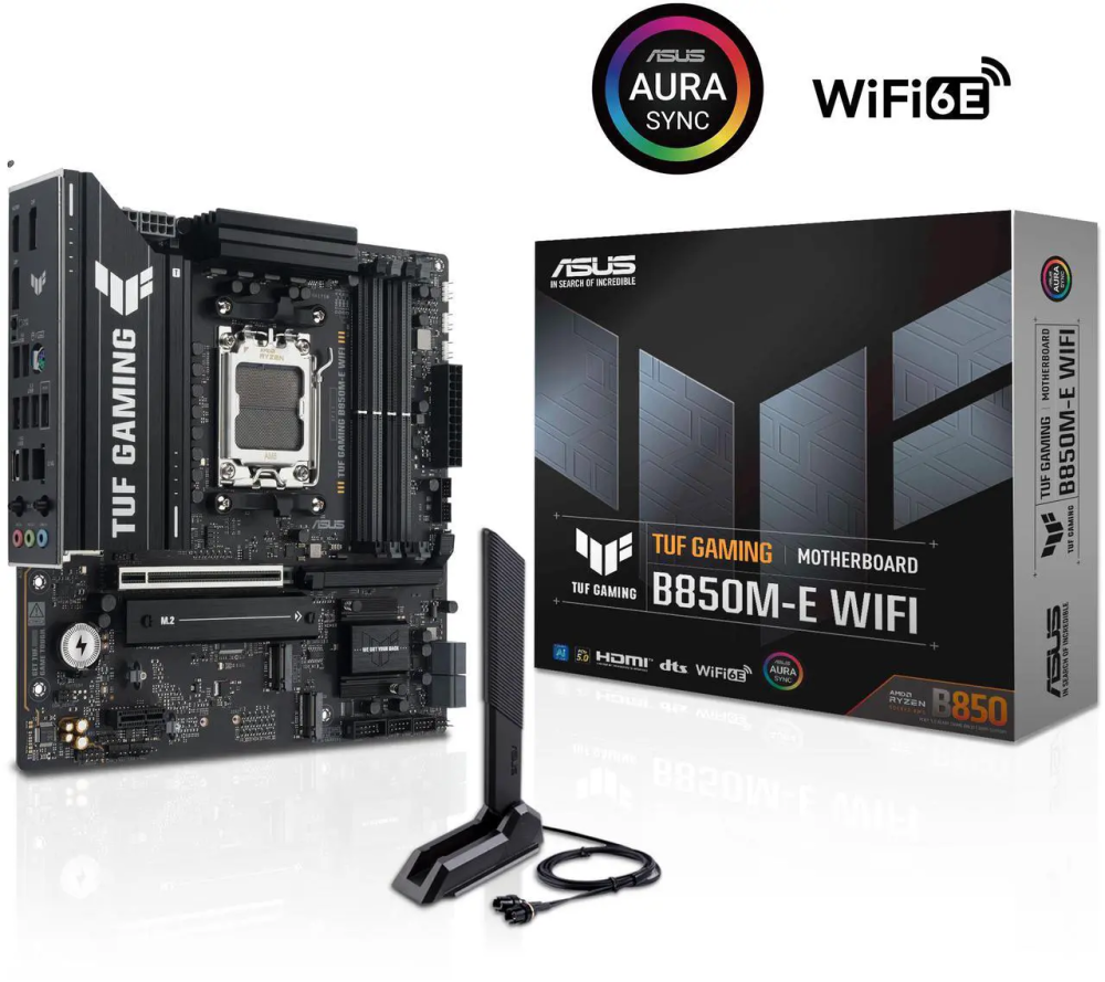 ASUS TUF GAMING B850M-E WIFI AMD B850 mATX motherboard, 8+2+1 80A DrMOS power stages, DDR5, PCIe 5.0, 3 M.2 slots, WiFi 6E, 2.5Gb Ethernet, DisplayPort, HDMI, rear USB-C 10Gbps and front USB-C 5Gbps