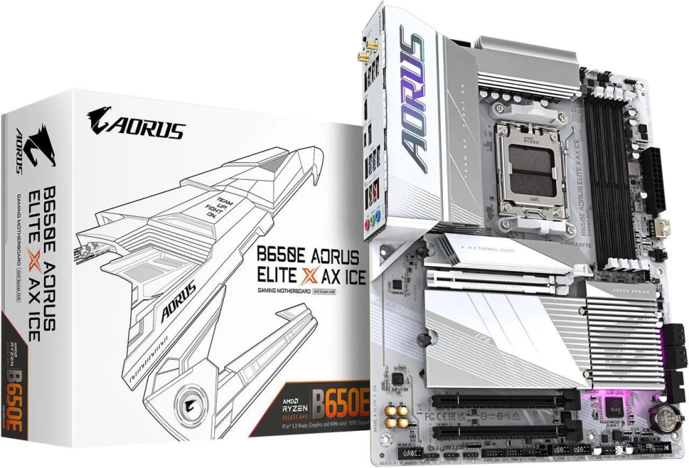 GIGABYTE B650E AORUS ELITE X AX ICE AM5 LGA 1718 AMD B650 ATX Motherboard with 5-Year Warranty, DDR5, 3x M.2, PCIe 5.0, USB 3.2 Gen2X2 Type-C, WiFi 6E, 2.5GbE LAN, Q-Flash Plus, EZ-Latch Plus