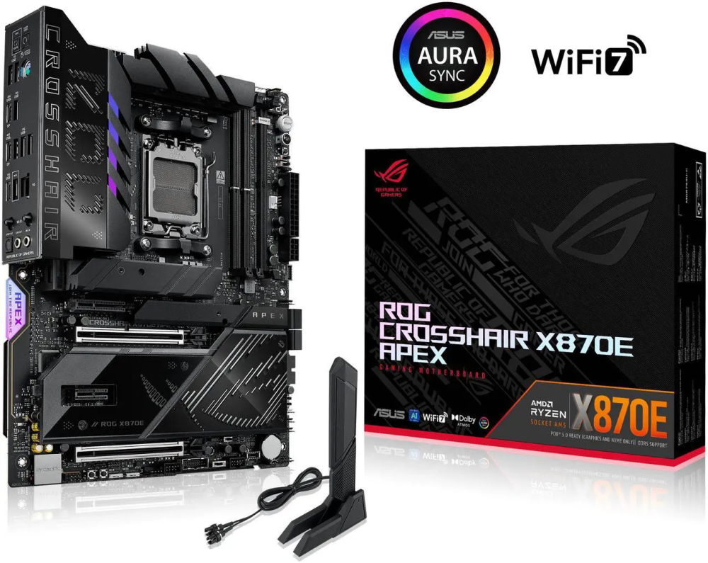 ASUS ROG CROSSHAIR X870E APEX AMD X870E AM5 ATX motherboard, Advanced AI PC-ready, 18+2+2 stages, DDR5, ROG Memory Fan, ROG DIMM.2 Card, Wi-Fi 7, 5G LAN, 3x M.2, PCIe® 5.0, USB4® , USB Type-C®, AI OC
