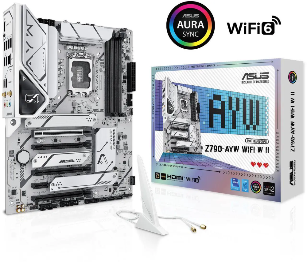 ASUS Z790-AYW WIFI W II Intel Z790 (LGA 1700) ATX motherboard with PCIe 5.0, three M.2, 12+1 DrMOS, DDR5, WIFI 6, Realtek 2.5Gb LAN, HDMI, rear USB 10Gbps Type-C and Type-A, front USB 10Gbps Type-C