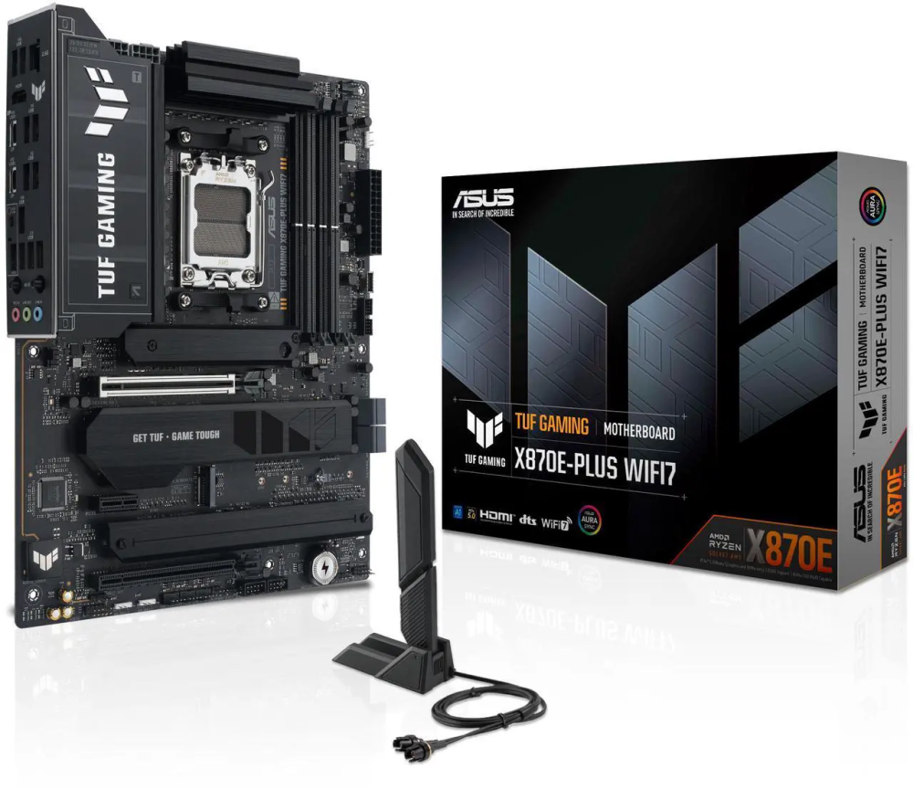 ASUS TUF GAMING X870E-PLUS WIFI7 AMD X870E ATX Motherboard with 16+2+1 80A Power Stages, DDR5 Support with AEMP, PCIe 5.0 x16 with PCIe Slot Q-Release Slim, Four M.2 Slots, WiFi 7 with ASUS WiFi Q-Ant - Featured Image