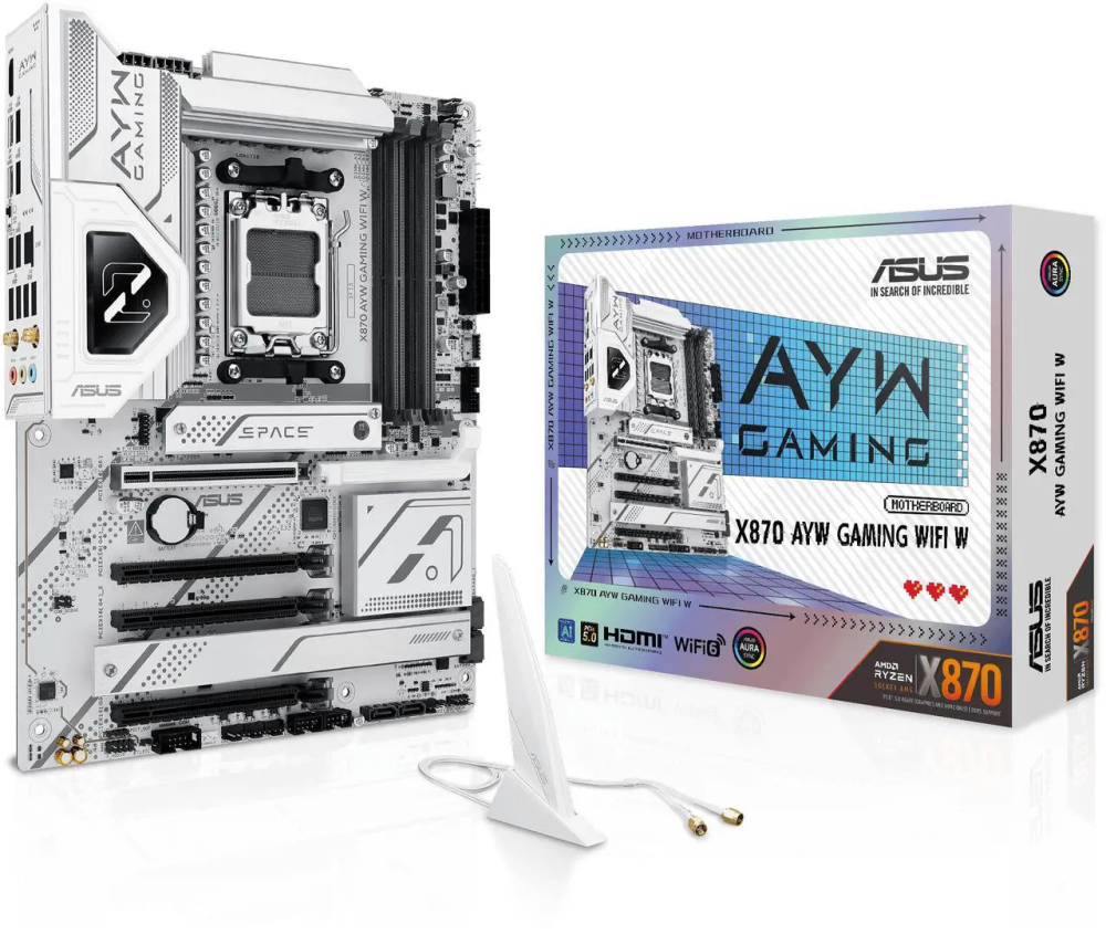 ASUS X870 AYW GAMING WIFI W AMD X870 AM5 ATX motherboard, 12+2+1 80A DrMOS power stages, DDR5, PCIe 5.0 Ready, PCIe 5.0 x16, 3x M.2, Wi-Fi 6, 2.5Gb LAN, HDMI, USB4, USB 20Gbps Type-C, Aura Sync