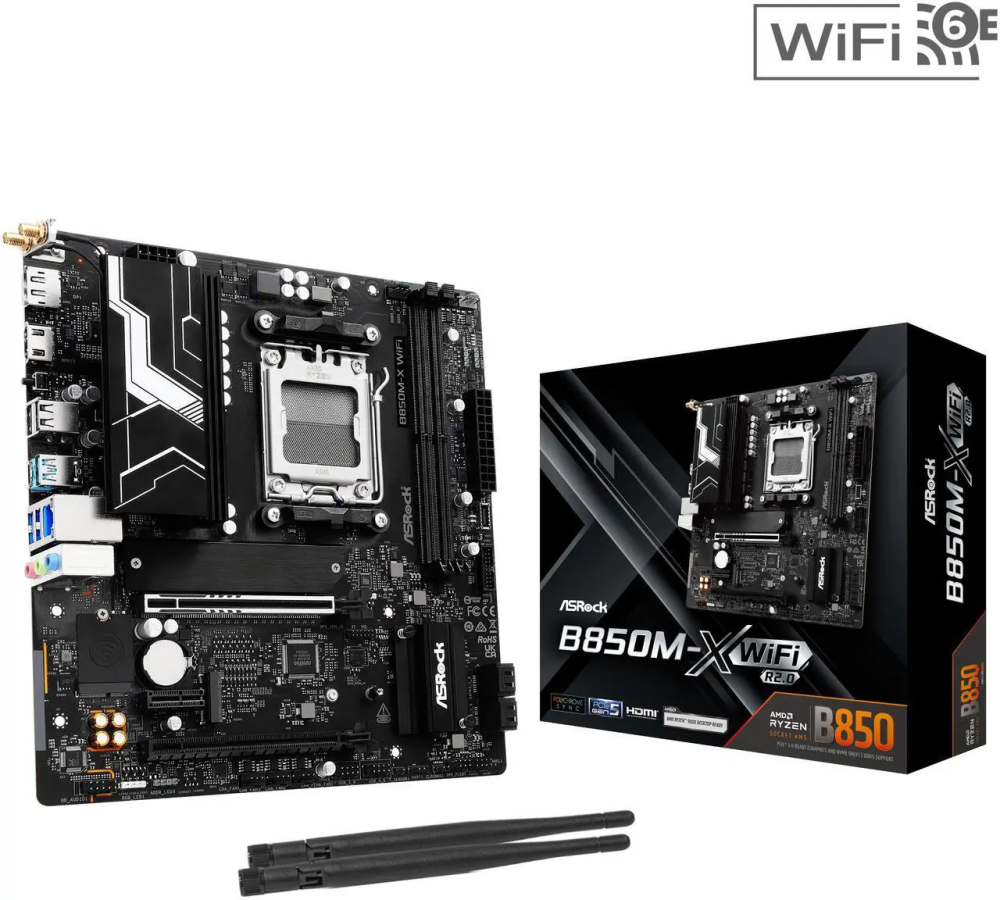 ASRock B850M-X WiFi R2.0 AM5 AMD B850 SATA 6Gb/s USB 3.2 Dual Graphics Outputs RGB Micro ATX Motherboards-AMD