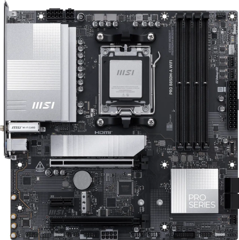 MSI PRO B850M-A WIFI AM5 , Wi-FI 7, 5G LAN, SATA 6Gbps, Bluetooth 5.4, double M.2 support,Micro ATX AMD Motherboard