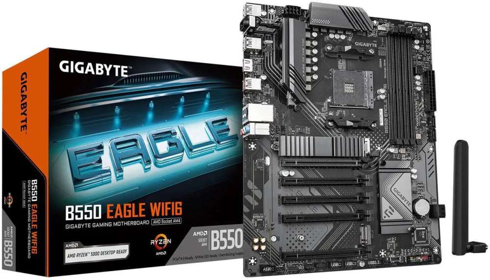GIGABYTE B550 EAGLE WIFI6 Motherboard, Supports AMD AM4 Ryzen 5000 Processors, ATX, DDR4, 2x M.2, PCIe 4.0, WIFI6, 1GbE LAN, EZ-Latch - Featured Image
