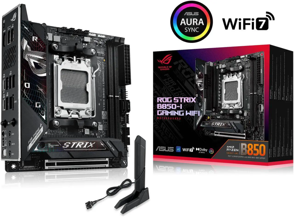 ASUS ROG STRIX B850-I GAMING WIFI AMD AM5 B850 Mini-ITX mITX motherboard 10+2+1 stages, DDR5 , 2.5G LAN, WiFi 7, 2x M.2, PCIe 5.0 x16, USB 20Gbps Type-C, AI Overclocking, AI Networking II, Aura Sync