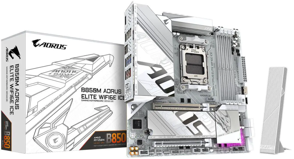 GIGABYTE B850M AORUS ELITE WIFI6E ICE AMD AM5 LGA 1718 Motherboard, mATX, DDR5, 2x M.2, PCIe 5.0, USB-C, WIFI6E, 2.5GbE LAN, EZ-Latch, 5-Year Warranty