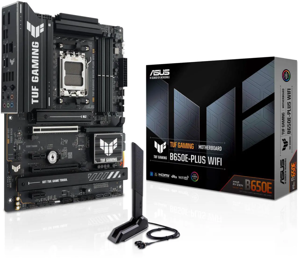 ASUS TUF GAMING B650E-PLUS WIFI AMD B650 ATX motherboard, 12+2+1 80A DrMOS power stages, DDR5, PCIe 5.0 Ready, 3x M.2, Wi-Fi 6E, 2.5Gb LAN, DisplayPort, HDMI, USB Type-C, BIOS FlashBack, Aura Sync
