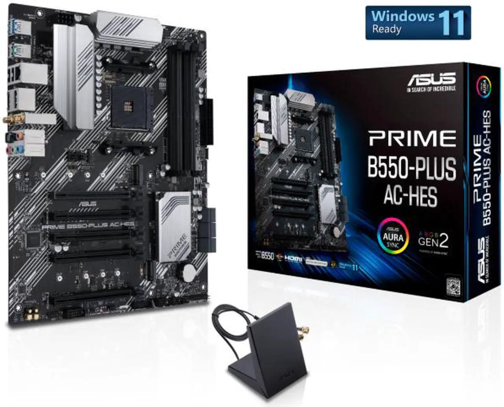 ASUS Prime B550-PLUS AC-HES AMD AM4 (3rd Gen Ryzen) ATX motherboard (dual M.2, PCIe 4.0, WIFI 5, 1 Gb Ethernet, DisplayPort/HDMI, SATA 6 Gbps, USB 3.2 Gen 2 Type-C, front USB 3.2 Gen 1 Type-C