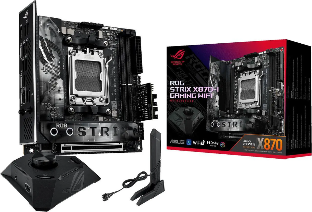 ASUS ROG STRIX X870-I GAMING WIFI AMD AM5 X870 Mini ITX mITX motherboard 10+2+1 power stages, Dynamic OC Switcher, Core Flex, DDR5 AEMP, WiFi 7, 2x M.2, PCIe® 5.0, Q-Release Slim, USB4®, AI OCing & Ne - Featured Image