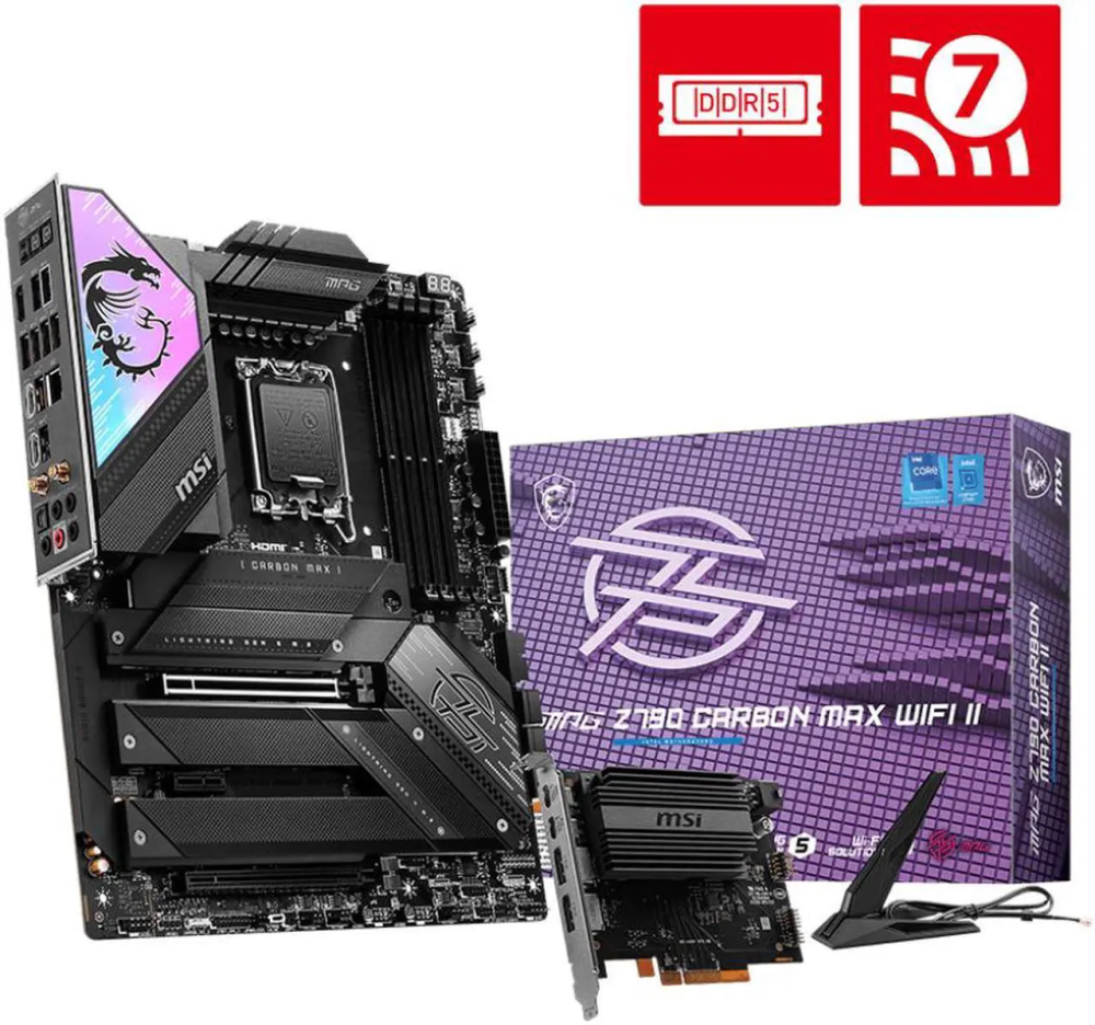 MSI MPG MPG Z790 CARBON MAX WIFI II LGA 1700 Intel Z790 DDR5 SATA 6Gb/s ATX WIFI7 5G LAN W/USB4.0 Card 5x M.2 Motherboards - Intel - Featured Image