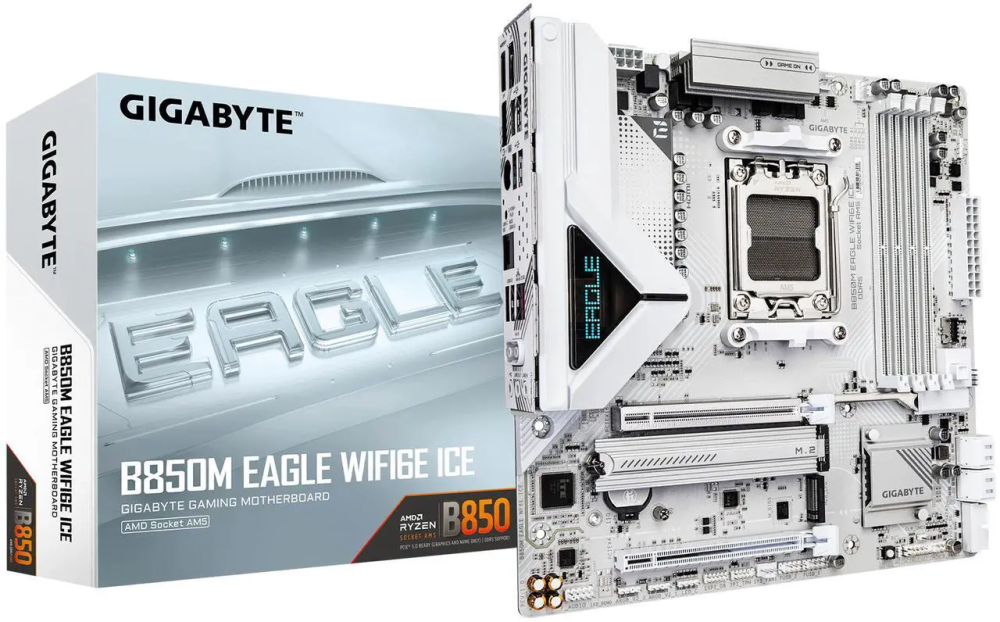GIGABYTE B850M EAGLE WIFI6E ICE AMD AM5 Motherboard, M-ATX, DDR5, 2x M.2, PCIe 5.0, USB-C, USB 3.2 Gen 2, WIFI6E, 2.5GbE LAN, EZ-Latch, Wi-Fi EZ-Plug
