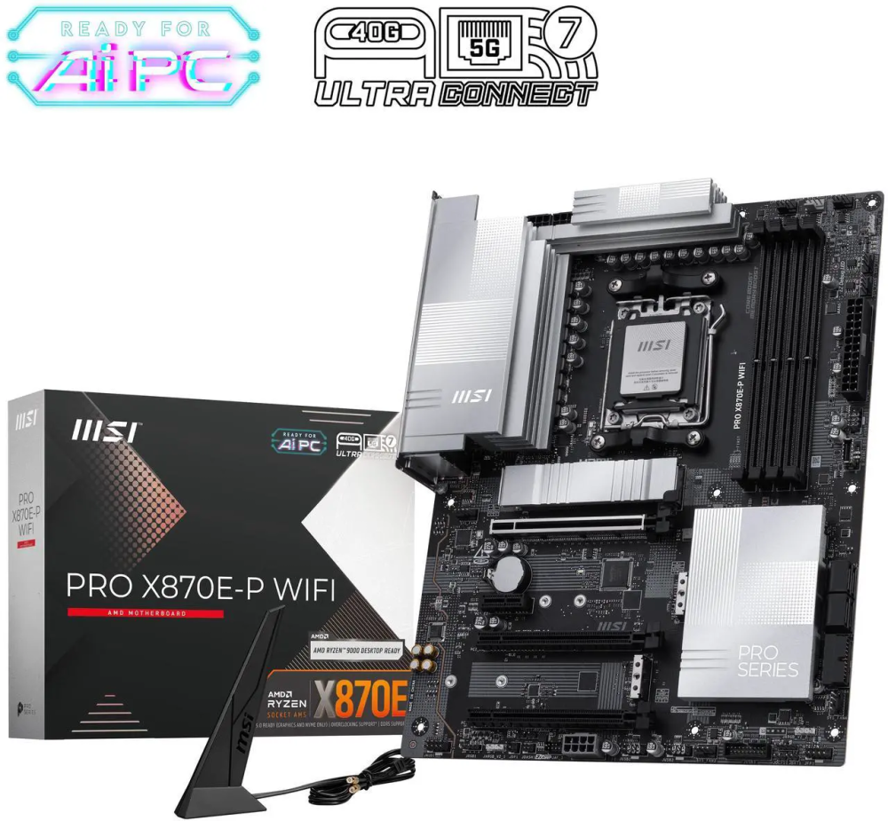 MSI PRO X870E-P WIFI AM5 ATX AMD Motherboards, USB 4.0 (40G),4x SATA 6Gb/s,Wi-Fi 7, Triple M.2 Connectors,
