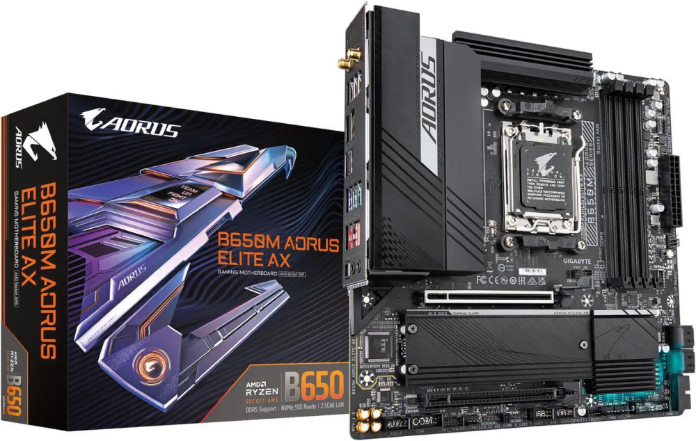 GIGABYTE B650M AORUS ELITE AX AM5 LGA 1718 AMD B650 M-ATX Motherboard with 5-Year Warranty, DDR5, 2 M.2, PCIe 5.0, USB 3.2 Gen2X2 Type-C, Intel 2.5GbE LAN, Q-Flash Plus, EZ-Latch