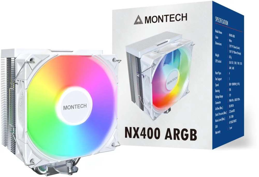 MONTECH NX400 ARGB - CPU Air Cooler, Single Tower, 4 Advanced Heat Pipes, 52-fin Heat Sink, E28, 120mm FDB Static Pressure Fan, 28mm Fan Thickness, Polished Top Cover, ARGB Lightning - White