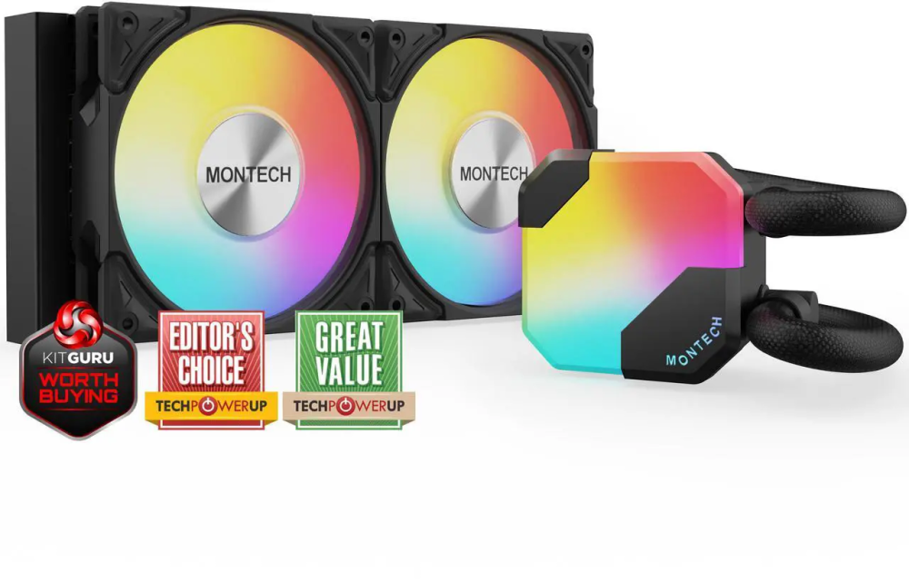 MONTECH HyperFlow ARGB 240 - AIO CPU Liquid Cooler, Intel&AMD Compatible, Chart-Topping Performance, Enhanced 3100RPM Water Pump Design, 2X Metal Pro 12 ARGB Ultimate Cooling Fans - Black