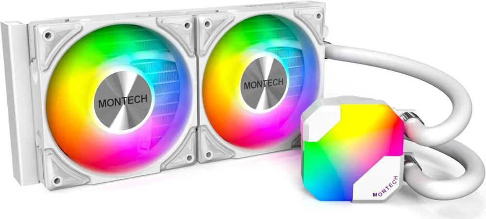 MONTECH HyperFlow ARGB 240 - AIO CPU Liquid Cooler, Intel&AMD Compatible, Chart-Topping Performance, Enhanced 3100RPM Water Pump Design, 2X Metal Pro 12 ARGB Ultimate Cooling Fans - White - Featured Image