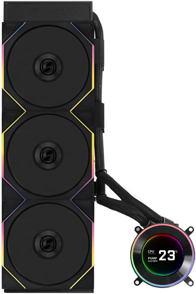 Lian Li Hydroshift II 360 TL RGB Liquid CPU Cooler - 360mm AIO - 3X 120 RGB Fans - 2.1 IPS LCD Screen - 3 Control Mode - Flexible Tubes Clamp - LGA 1851/1700, AMD AM5/AM4 - Black (HS2LCD36TB)