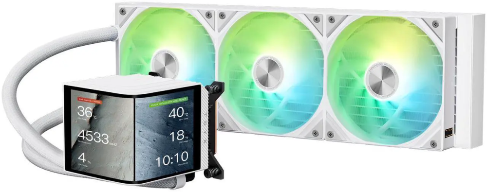 TRYX PANORAMA 360 ARGB White 360mm AIO 6.67'' AMOLED Curved Screen 3D Anamorphic Effect Customizable AIO Cooler 360mm Asetek 8th Gen V2 320w TDP Magnetic ARGB Fan Intel LGA 1851/1700 AMD AM5/AM4