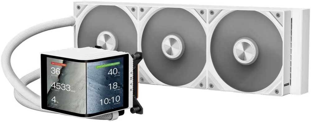 TRYX PANORAMA 360 White 360mm AIO 6.67'' AMOLED Curved Screen 3D Anamorphic Effect Customizable AIO Cooler 360mm Asetek 8th Gen V2 320w TDP Magnetic Performance Fan Intel LGA 1851/1700 AMD AM5/AM4