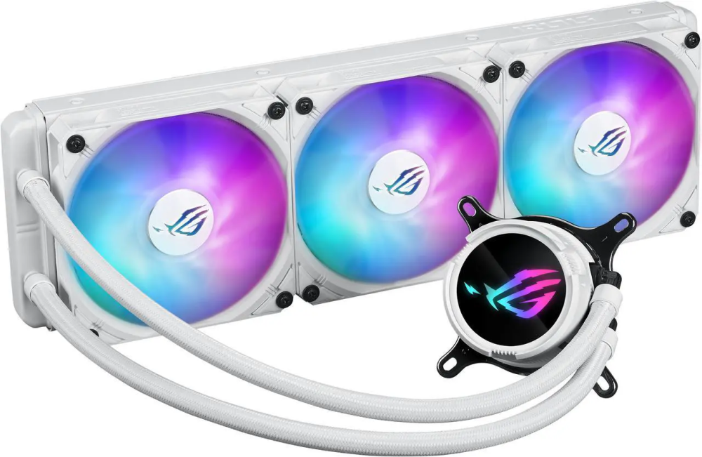 ASUS ROG Strix LC III 360 ARGB White Edition all-in-one CPU liquid cooler with 360° rotatable water block, Asetek's new Gen7 v2 pump, premium ROG ARGB fans, and 10+ custom Aura lighting effects - Featured Image