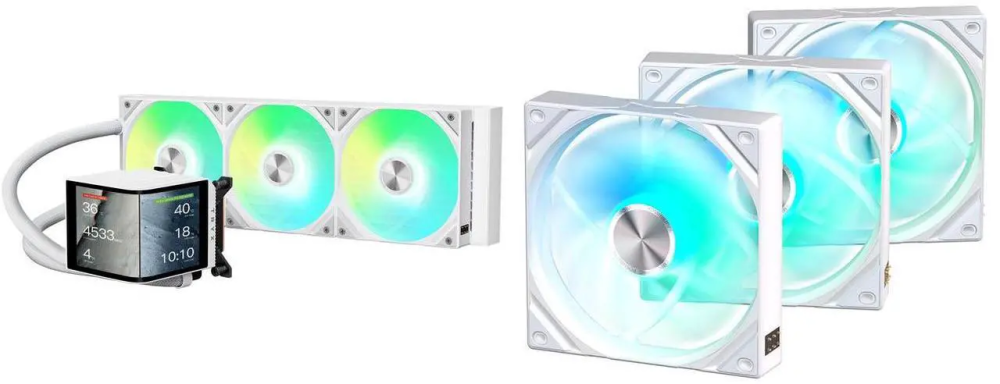 TRYX PANORAMA 360 ARGB White 360mm AIO 6.67'' AMOLED Curved Screen 3D Anamorphic Effect Customizable AIO Cooler 360mm Asetek 8th Gen V2 320w TDP Magnetic ARGB Fan Intel LGA 1851/1700 AMD AM5/AM4 TRYX ROTA SL ARGB White 120mm Case Fan 3in1 C