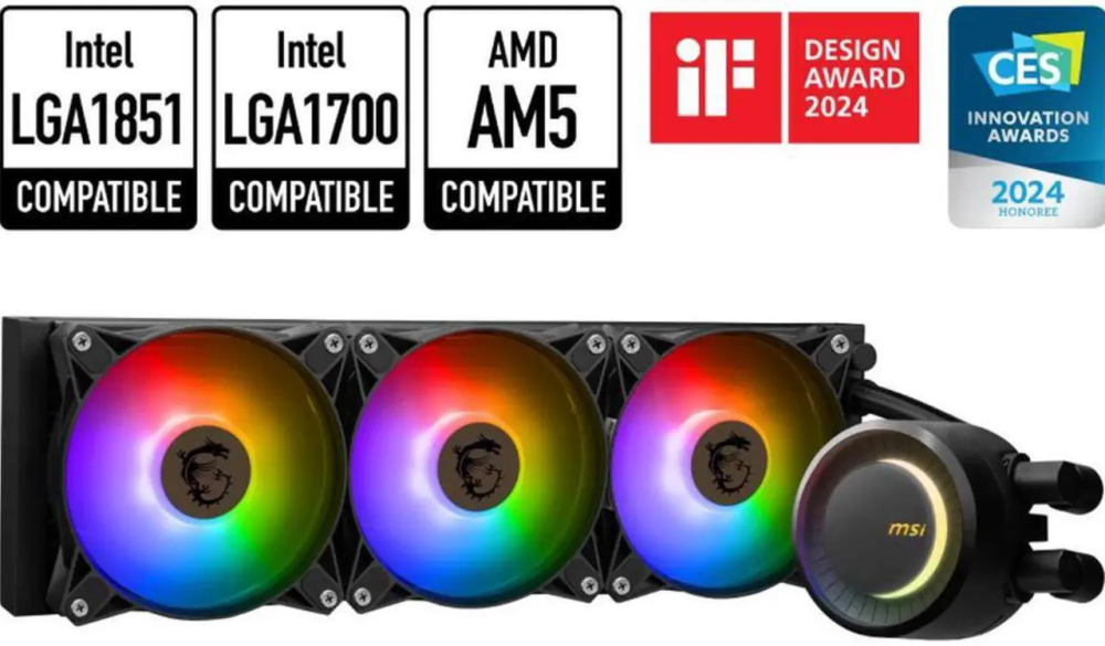 MSI MAG CoreLiquid E360 Black - AIO ARGB CPU Liquid Cooler - Rotating Cap Design - 360mm Radiator - Triple 120mm ARGB PWM Fans - LGA 1851,1700 Ready / AMD AM5 Compatible