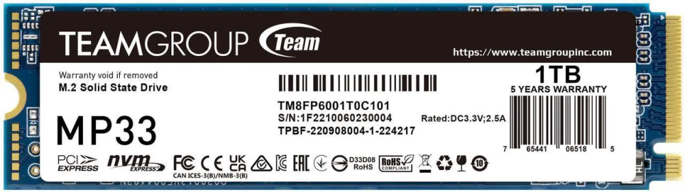 Team Group MP33 M.2 2280 1TB PCIe 3.0 x4 with NVMe 1.3 3D NAND Internal Solid State Drive (SSD) TM8FP6001T0C101