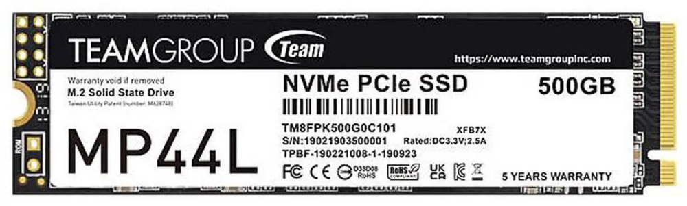 Team Group MP44L M.2 2280 500GB PCIe 4.0 x4 with NVMe 1.4 Internal Solid State Drive (SSD) TM8FPK500G0C101