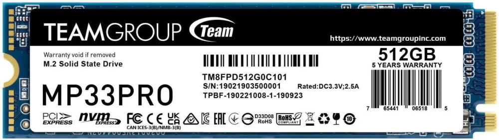 Team Group MP33 PRO M.2 2280 512GB PCIe 3.0 x4 with NVMe 1.3 3D NAND Internal Solid State Drive (SSD) TM8FPD512G0C101