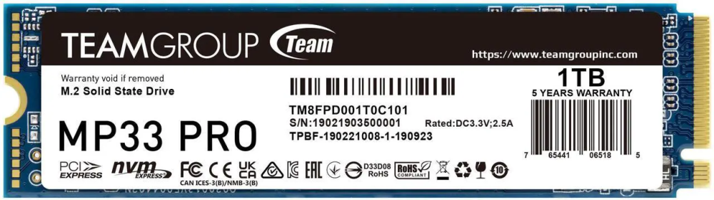 Team Group MP33 PRO M.2 2280 1TB PCIe 3.0 x4 with NVMe 1.3 3D NAND Internal Solid State Drive (SSD) TM8FPD001T0C101