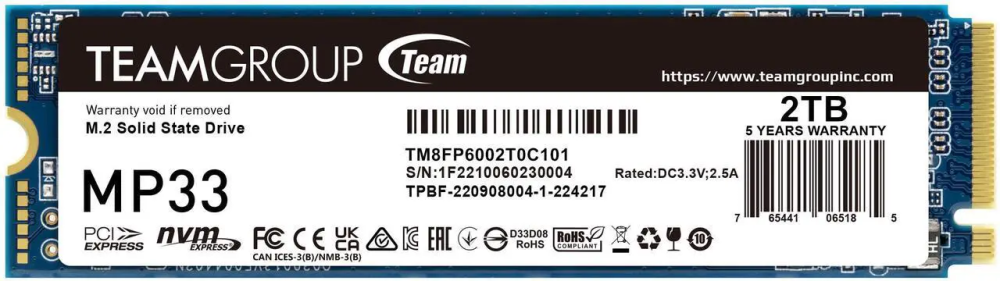 Team Group MP33 M.2 2280 2TB PCIe 3.0 x4 with NVMe 1.3 3D NAND Internal Solid State Drive (SSD) TM8FP6002T0C101
