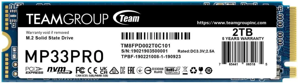 Team Group MP33 PRO M.2 2280 2TB PCIe 3.0 x4 with NVMe 1.3 3D NAND Internal Solid State Drive (SSD) TM8FPD002T0C101