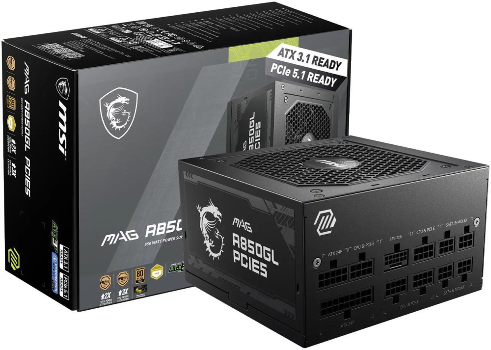 MSI MAG A850GL PCIE5, Fully Modular Compact Gaming 850W Power Supply, 80+ Gold, ATX 3.1 & PCIe 5.1 Ready, Native Dual-color 12V-2x6 cable, 10 Year Warranty - Featured Image