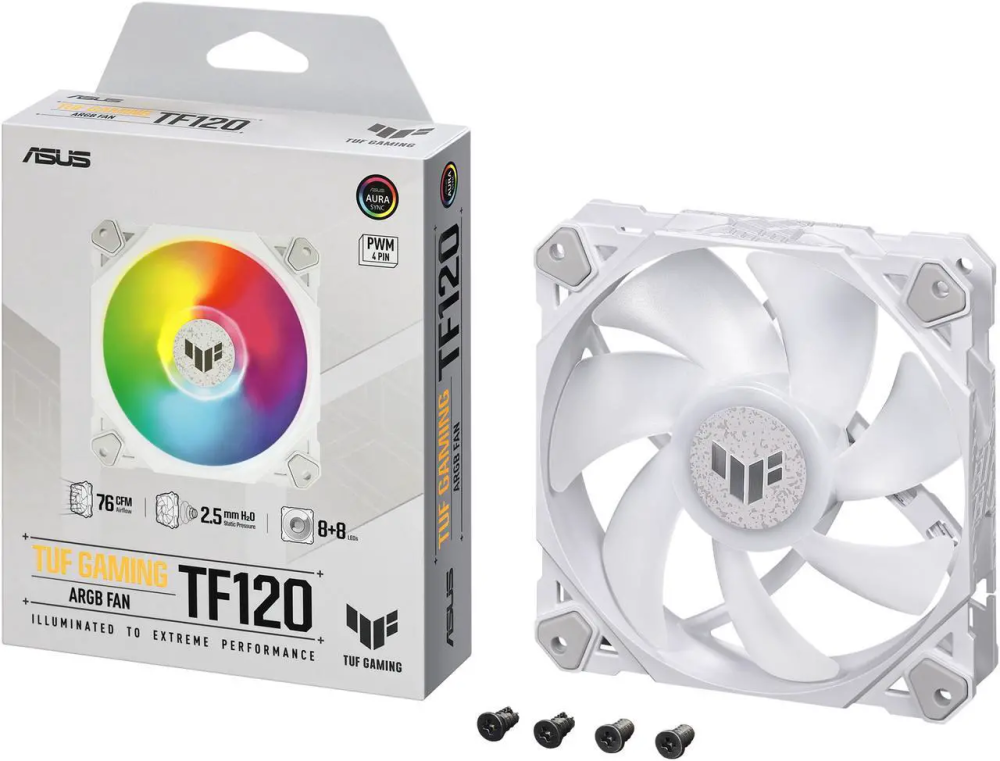 ASUS TUF GAMING TF120 ARGB WHITE EDITION Chassis Fan 3-Pin Customizable LEDs Blade, Advanced Fluid Dynamic Bearing,120mm PWM Control, Anti-vibration Pads, Double-layer LED Array for Computer Case
