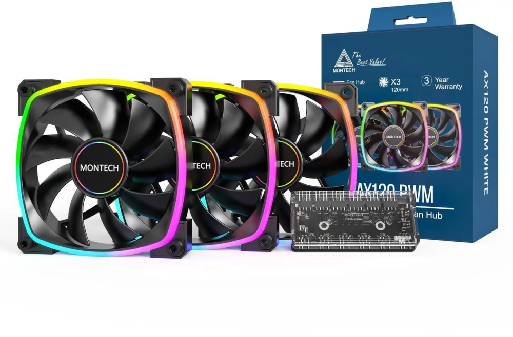 MONTECH AX 120MM - PWM Fan - Silent Performance - High Speed 1600PWM - High-End Durability with HDB Bearing - Stunning Outer Ring ARGB Lighting Design  3 in 1 Pack with 6X6 Fan Hub - Black - Featured Image