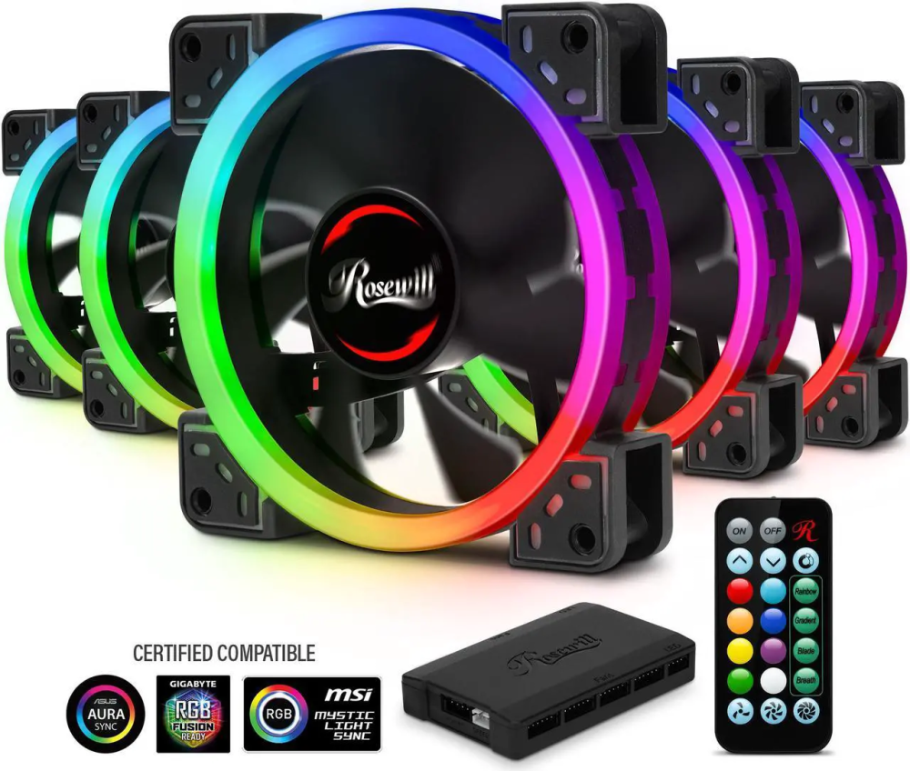 Rosewill RGBF-23001 120mm Dual Ring Addressable RGB Case Fan Hub Set, True RGB LED Case Fans (5-Pack) and 8-Port Fan Hub, Ultra Quiet Cooling with Long Life Rifle Bearings - Featured Image